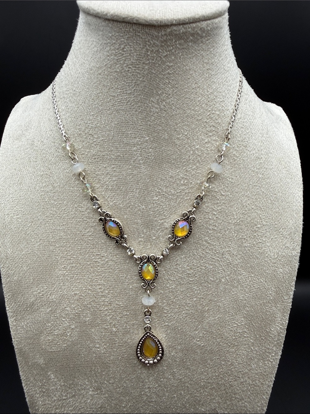 Avon Silver Tone Iridescent Amber Crystal Y Drop Statement Necklace